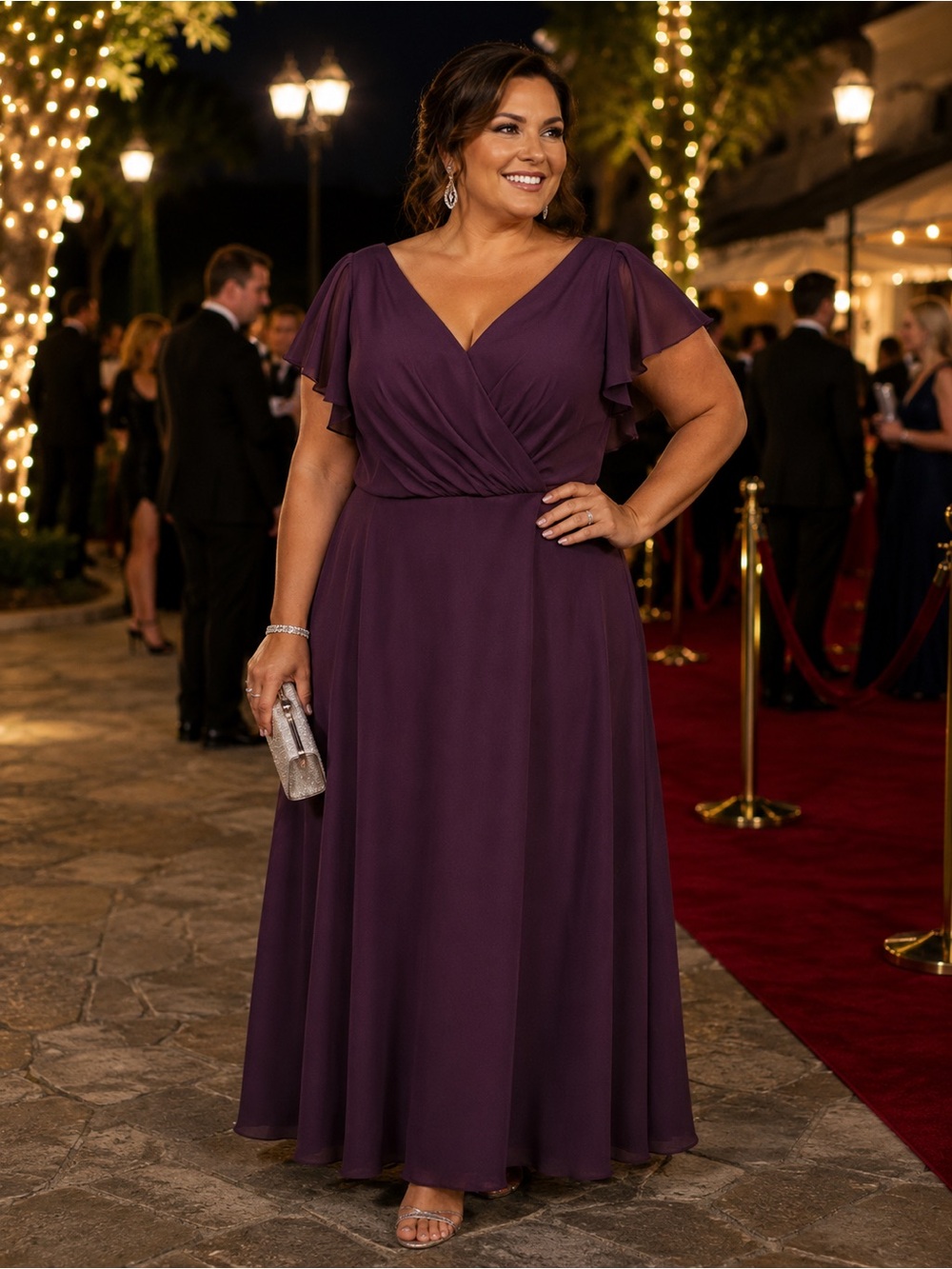 Plus-Size V-Neck Flutter Sleeve Dress in Plum